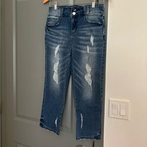 Flamingals Distressed Capris Blue Denim Jeans